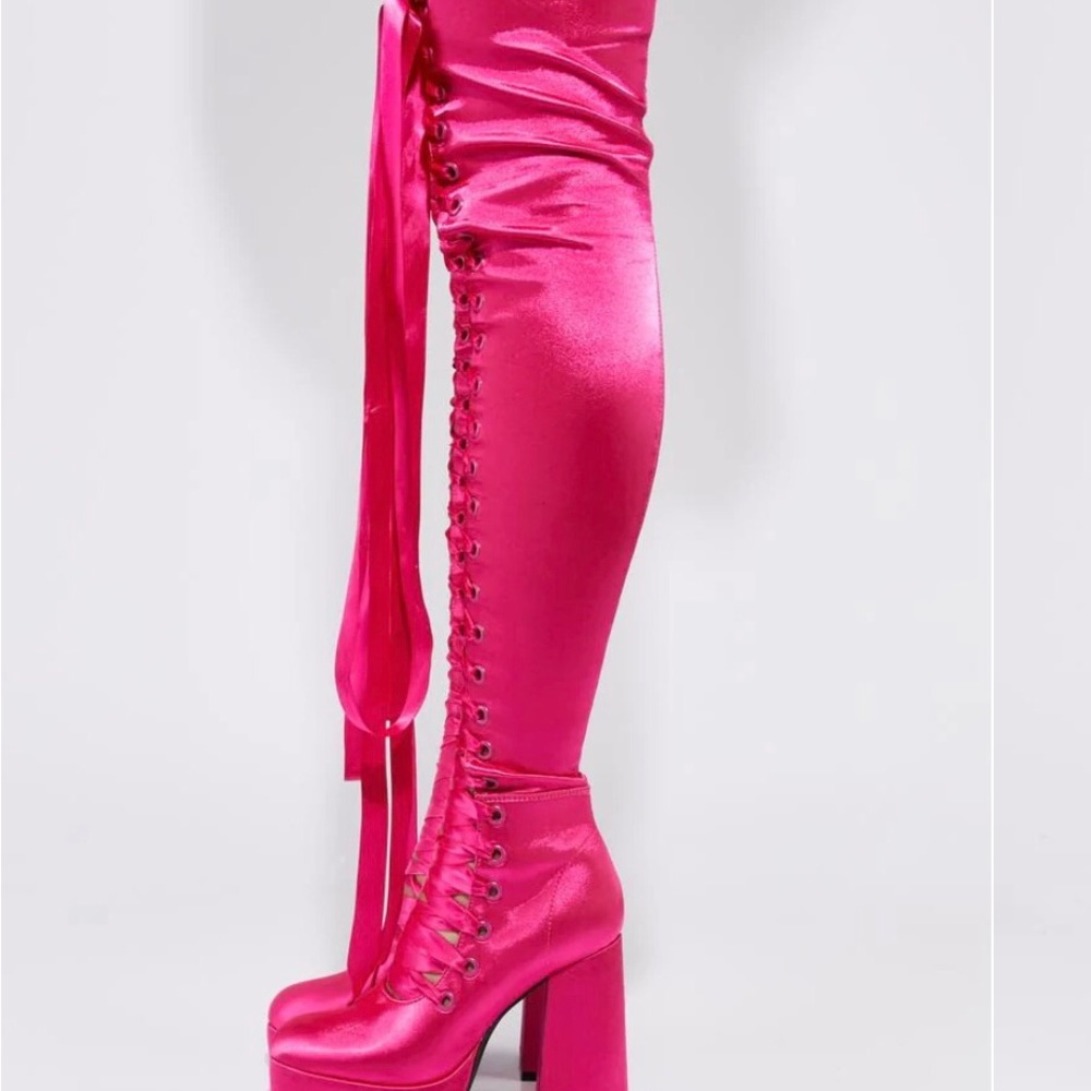Sugar Thrillz Hot Pink Satin Over-the-Knee Lace-Up Boots